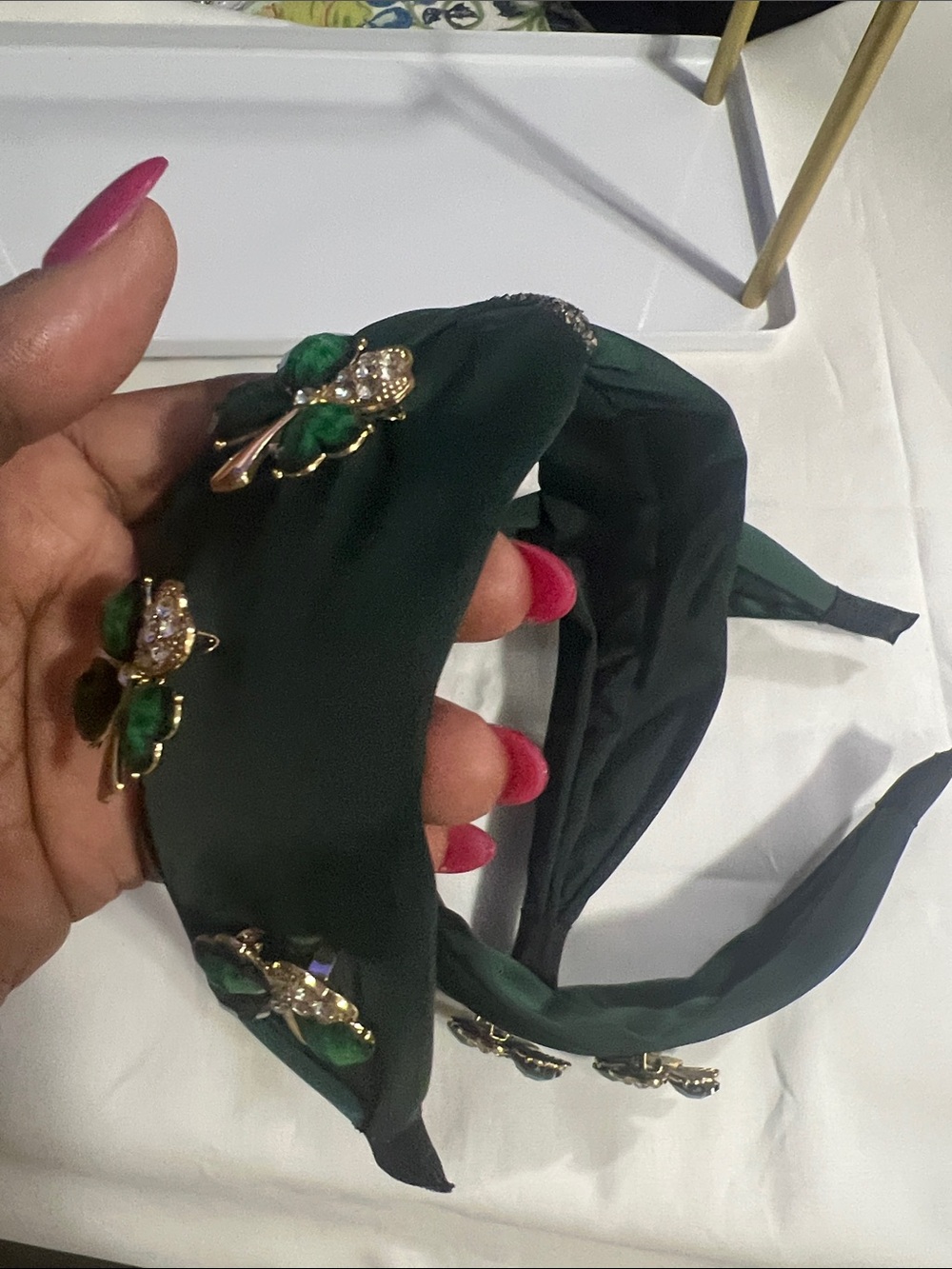 Embellished Dark Green Padded Headband with Crystal Accents